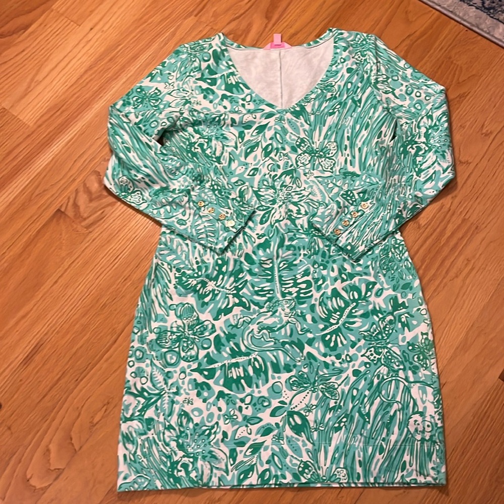 Lilly Pulitzer Cotton V-Neck Dress Green Bungle in the Jungle Style 62129 Large